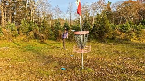 Disc golf putting for birdie at Maple Hill hole one