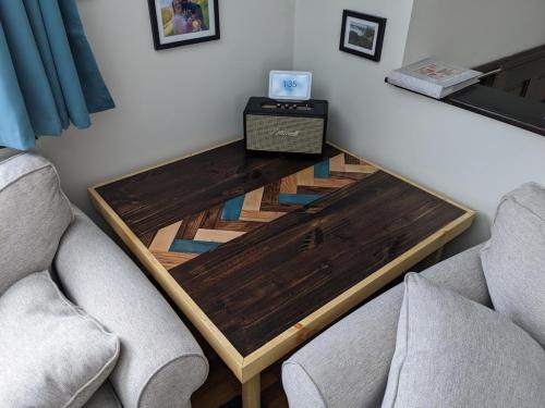 side table finished and in place in living room